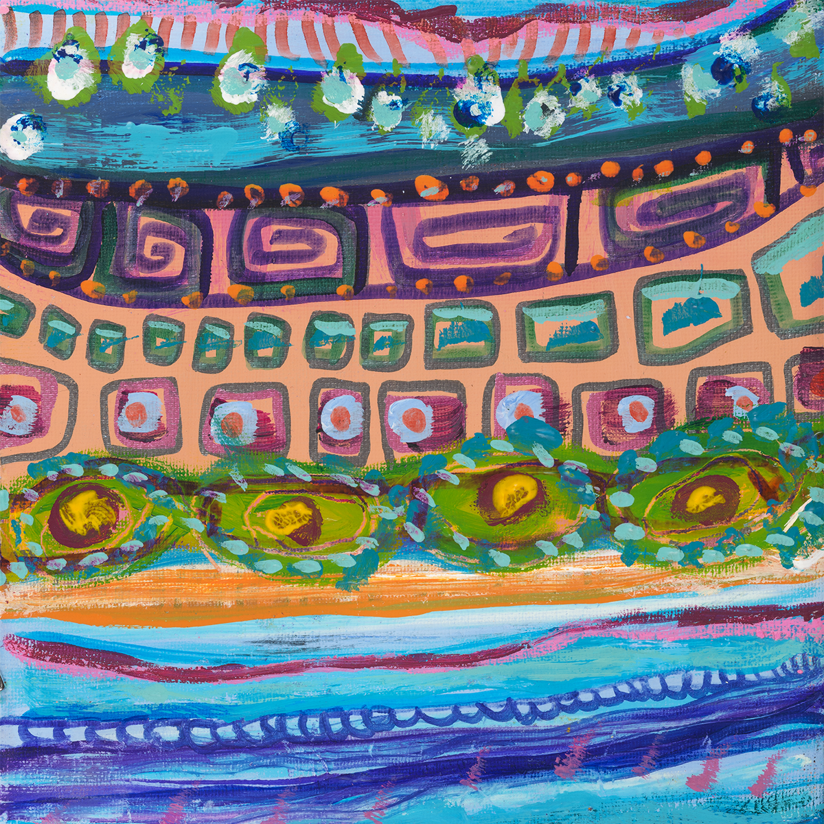 Detail of Forward and Backwards fine art print. CLose up showing the range of muted, lively colorful designs.