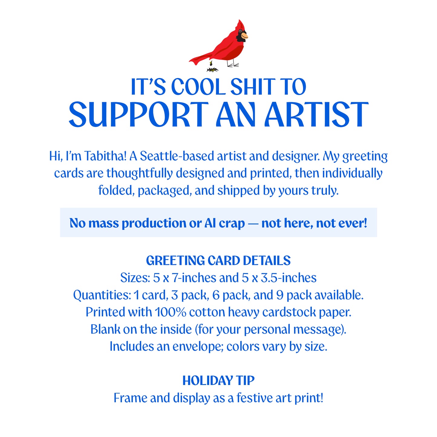 Greeting card advertisement with text and a red bird illustration on a white background