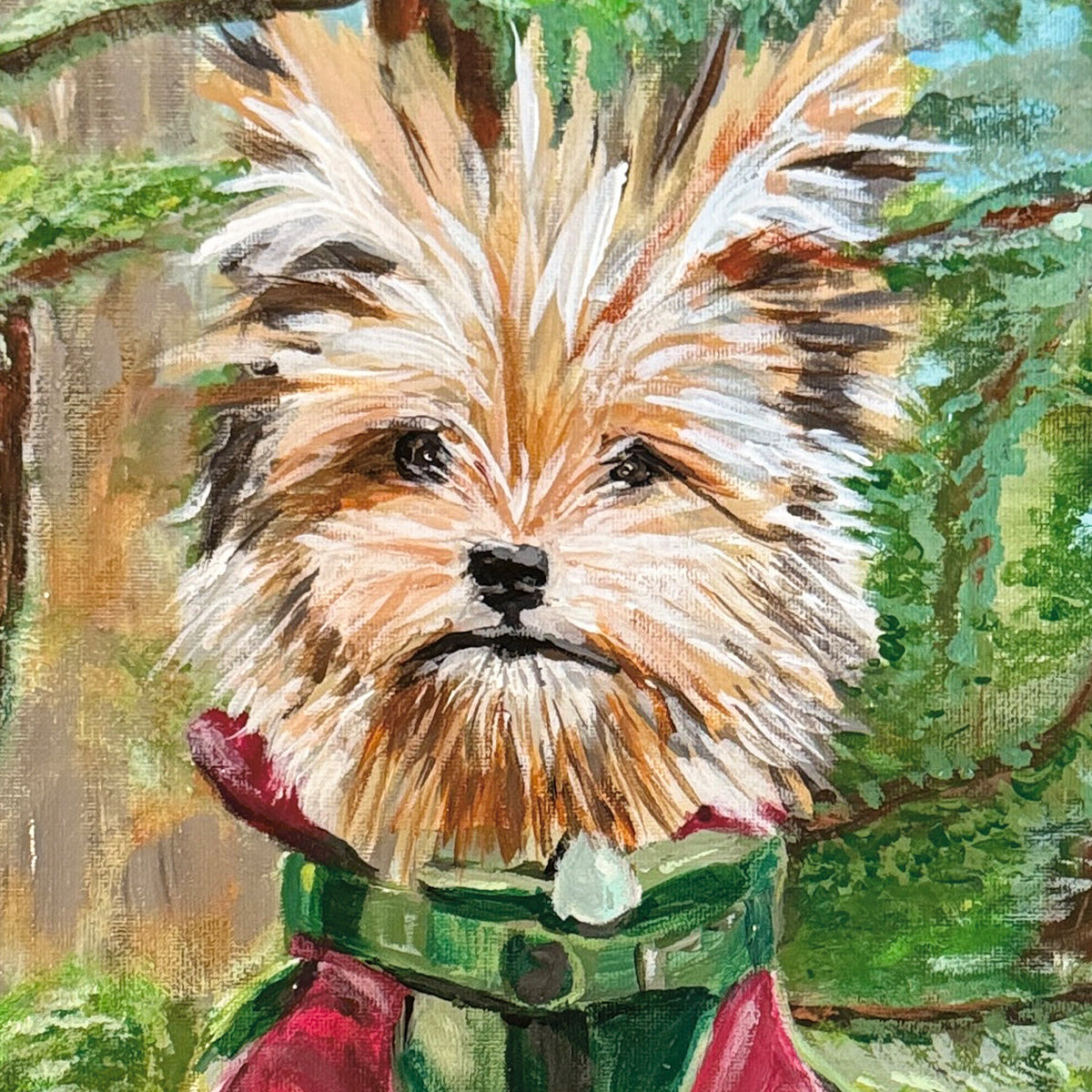 Close up of a painting of a dog in a red sweater and green collar. He has brown and gold fur and is a small dog.