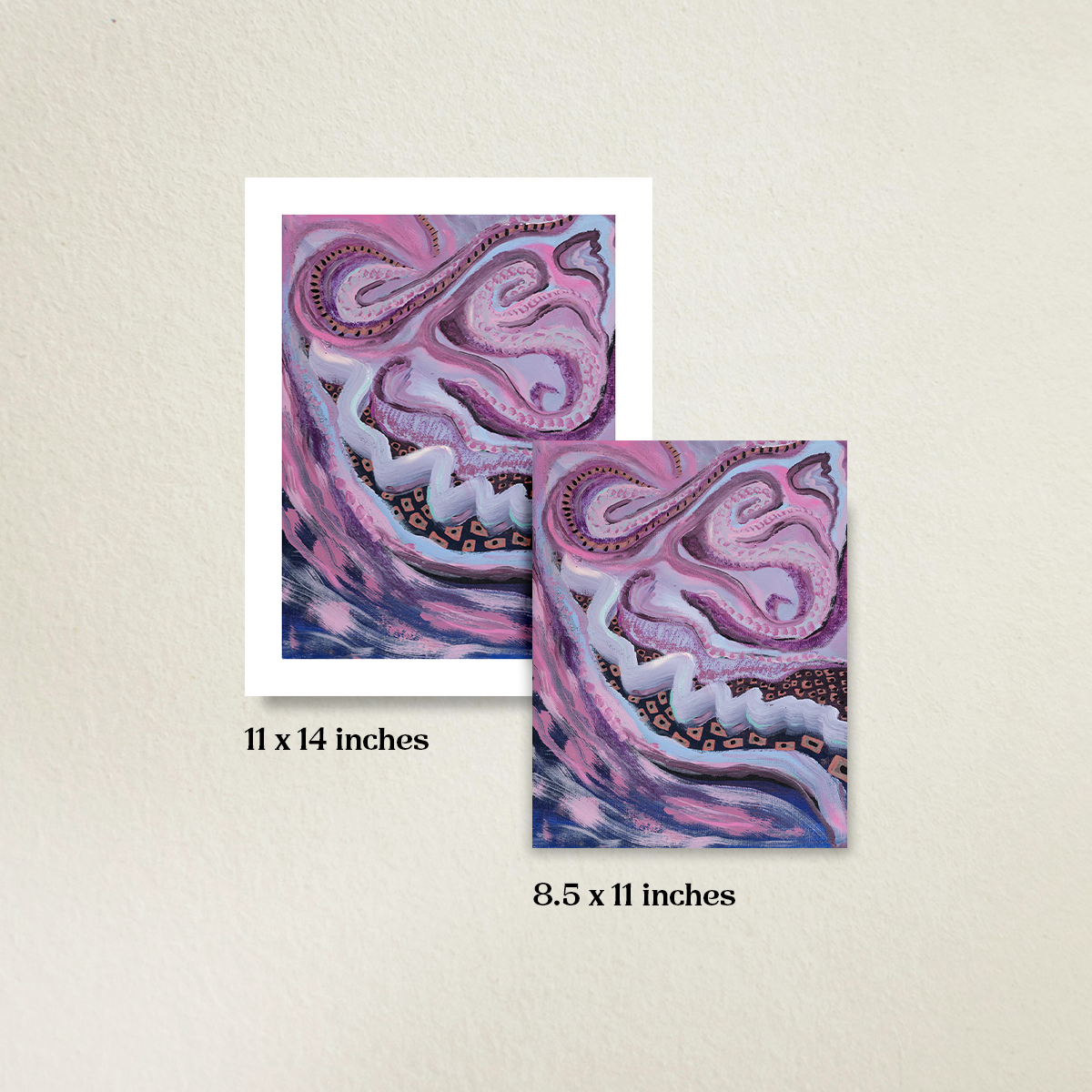 Tangled Twist 11x14-inch abstract fine art print with 8.5 x 11 fine art print with a beige wall in the background. They are next to each other to easily see the size difference to scale.