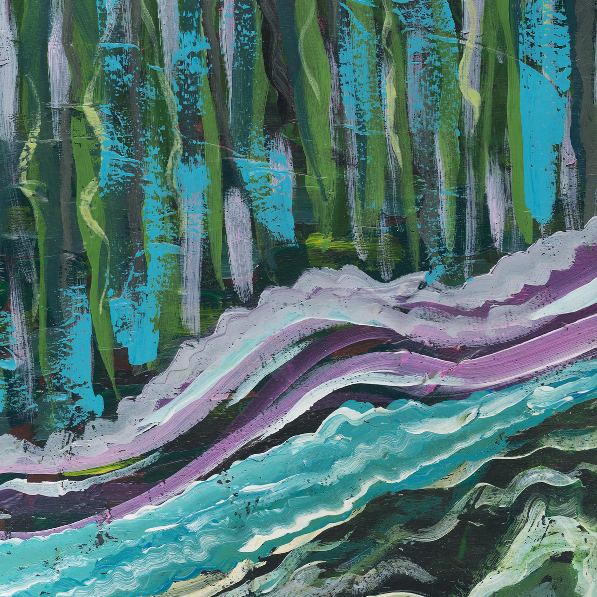 Close-up detail of By the Water abstract fine art multimedia piece. Streaks of green and blue collide vertically against one another in a vibrant display of hues.