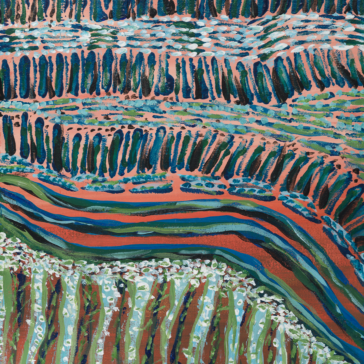 Close-up detail of Move Along Everyone, an abstract fine art multimedia piece. Streaks of peach, green, and blue collide vertically against one another in a vibrant display of hues.