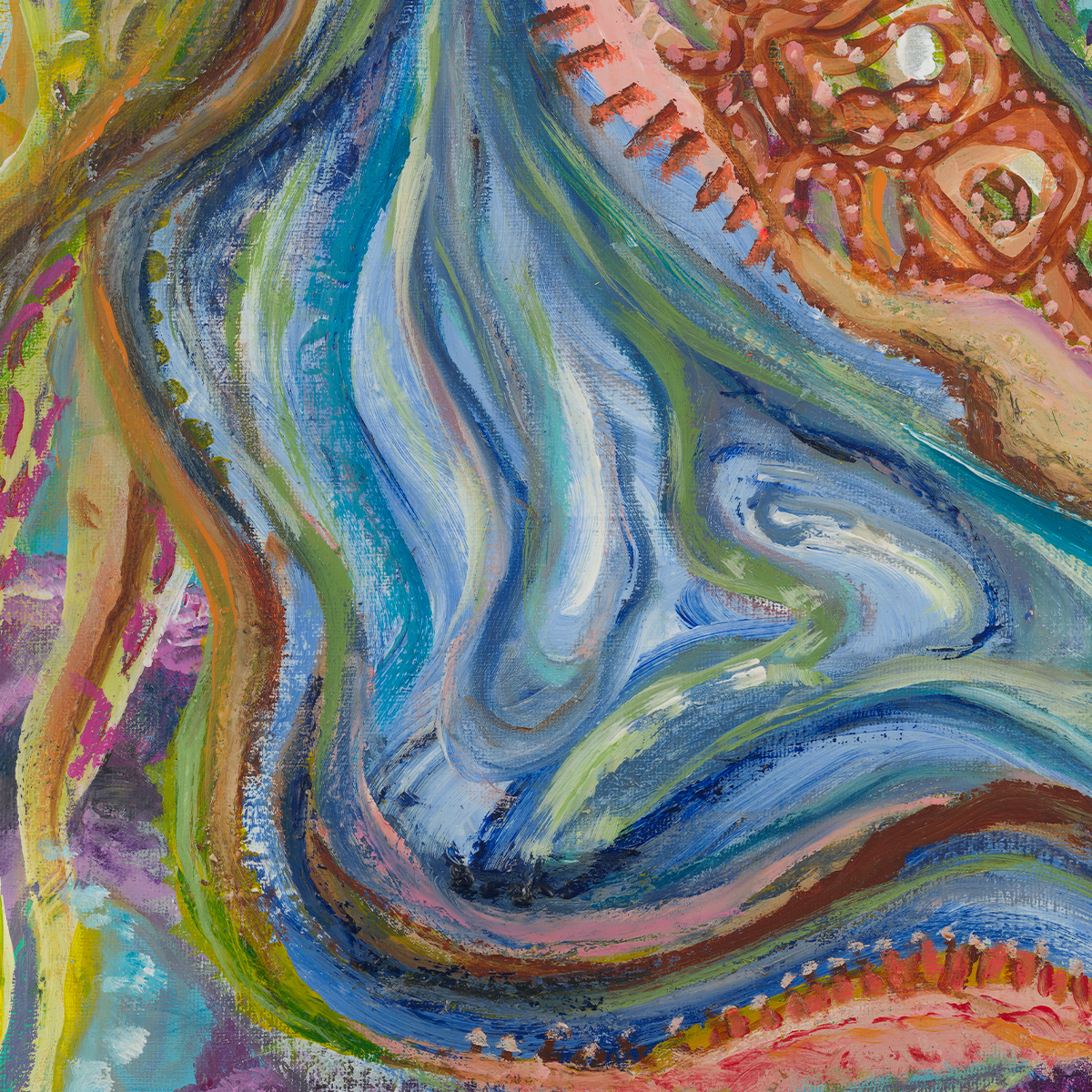 Sitting with Thoughts mixed media artwork detail. Close-up shows the maximalist layering of blue, orange, and yellow hues.