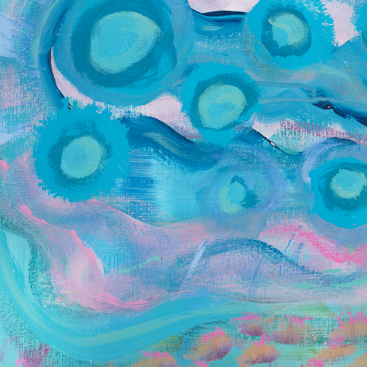 Your Weird is Glowing, mixed media artwork detail of blue abstract strokes. Close-up shows the maximalist layering of blues and pinks.