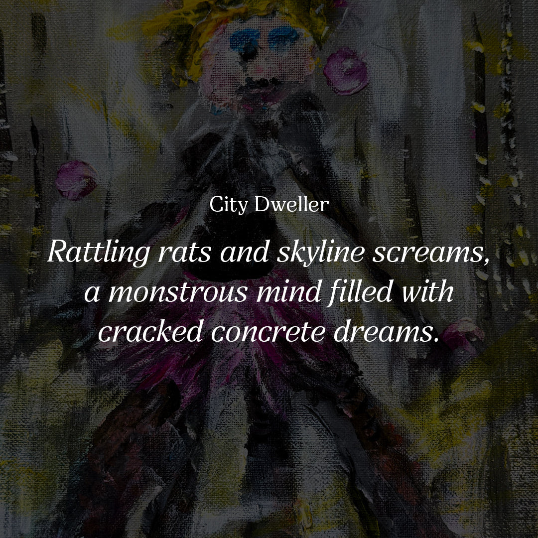 Artistic depiction of an overworked nyc clown, text overlay on a dark background