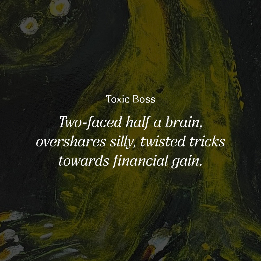 Artistic depiction of a person with text about a 'Toxic Boss' on a dark background.