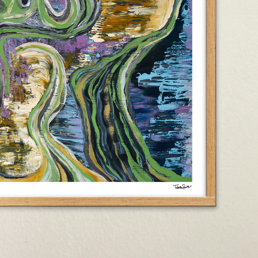 Large, abstract fine art print, Flowing Through Earth. Detail of the signed limited edition print in the bottom right corner.