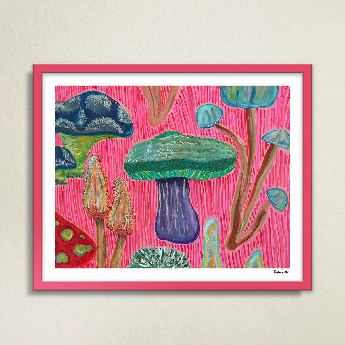 Large, abstract fine art print, Fun Fungi, against a gray surface. The print is signed in the bottom right corner in black ink and displayed in a pink metal frame.
