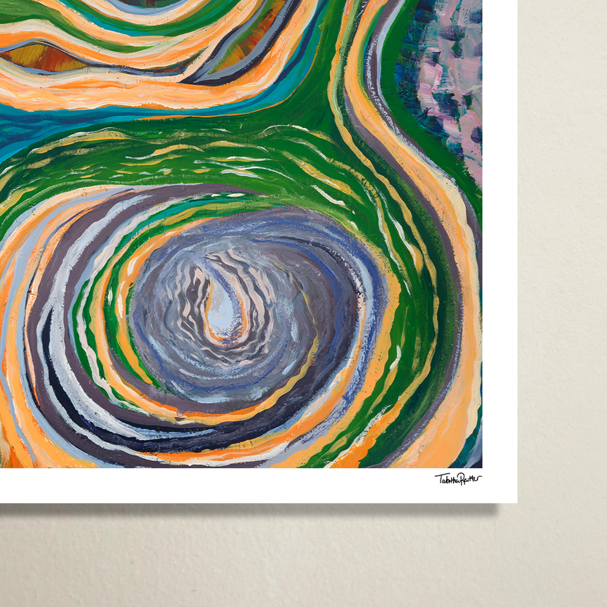 Large, abstract fine art print, The Never-Ending Spiral. Detail of the signed limited edition print in the bottom right corner.