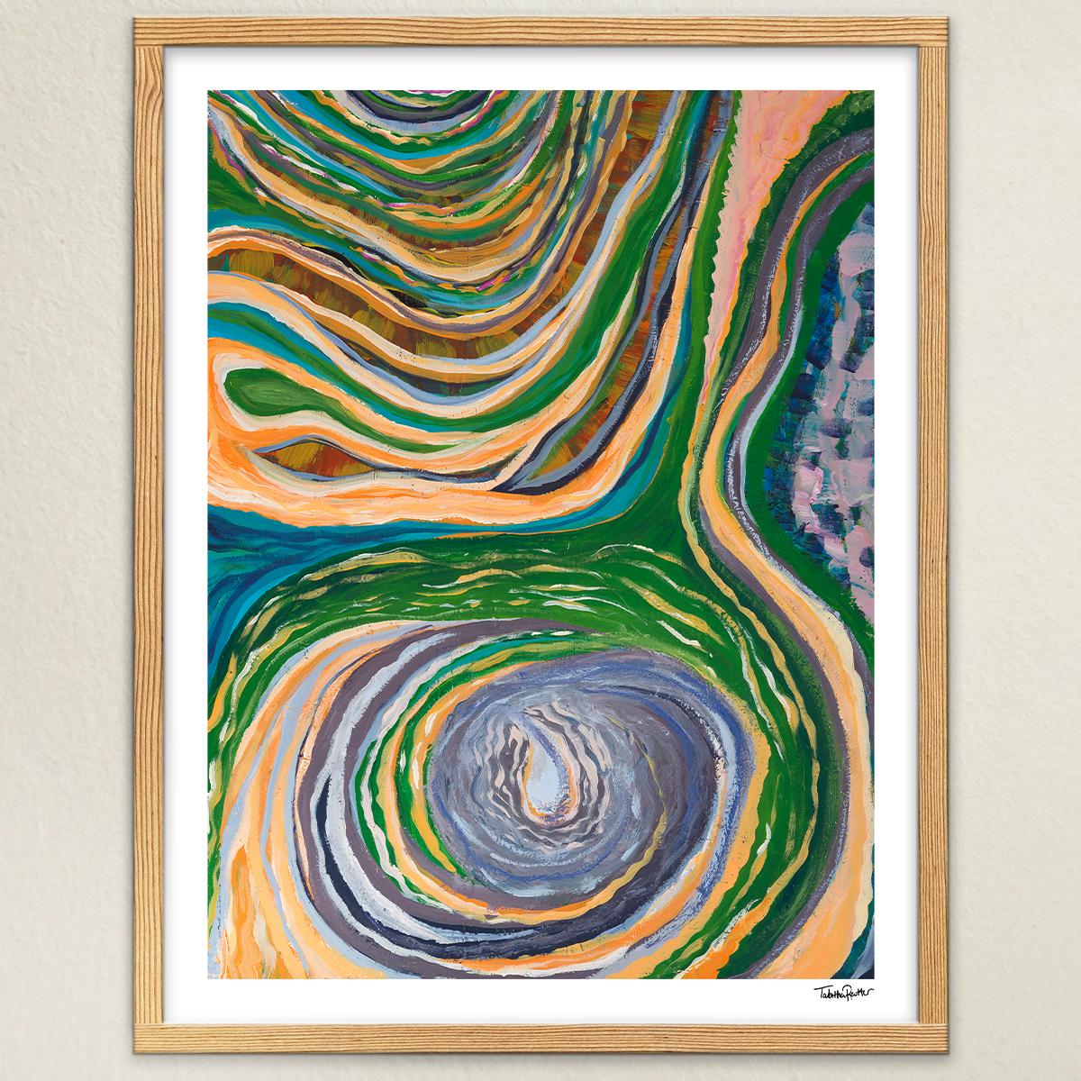 A framed, large, abstract fine art print, The Never-Ending Spiral, in a wooden frame. Details of the signed limited edition print are in the bottom right corner.