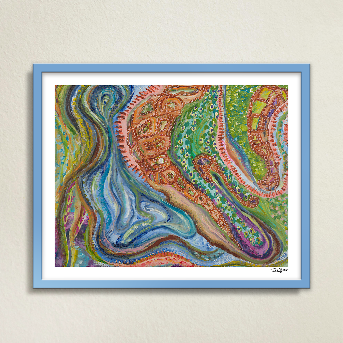 Large, abstract fine art print, Sitting With Thoughts, against a gray surface. The print is signed in the bottom right corner in black ink and displayed in a blue metal frame.