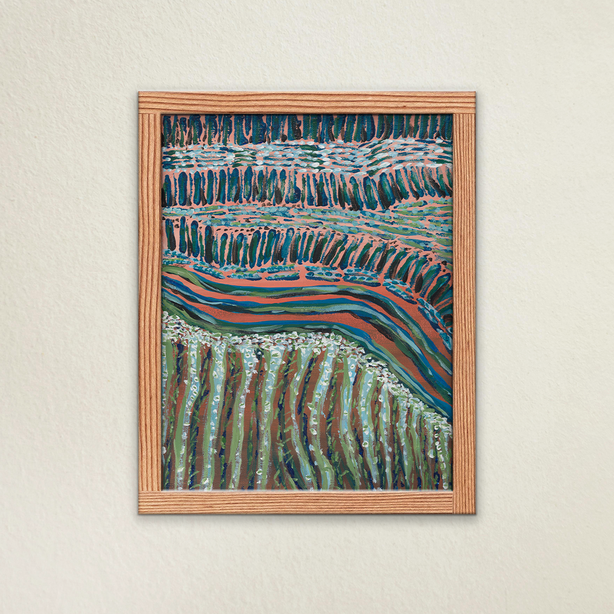 Move Along Everyone abstract fine art print in a wooden frame. Hanging on a beige wall. Streaks of peach, green, and blue collide vertically against one another in a vibrant display of hues.