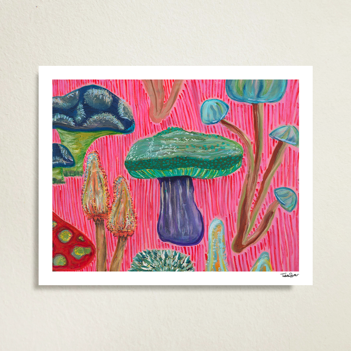 Large, abstract fine art print, Fun Fungi, against a gray surface. Abstract artwork features whimsical mushrooms in vibrant colors, combining playful design with organic textures. The print is signed in black ink at the bottom right corner.