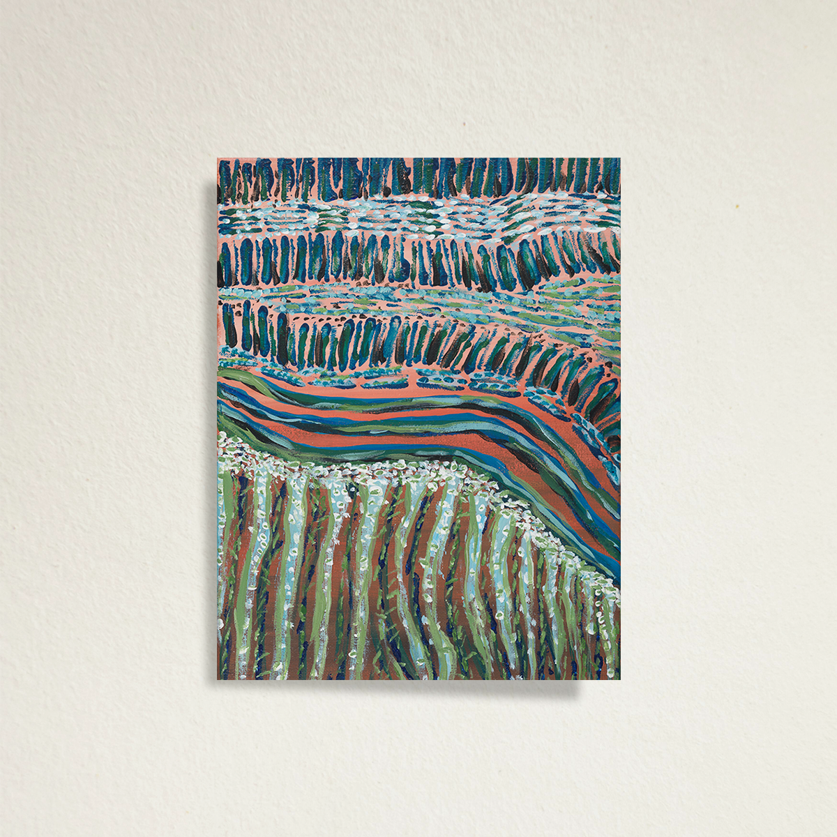 Limited edition fine art print, Move Along Everyone on a gray background. Fine art print has abstract strokes and a wavy texture.