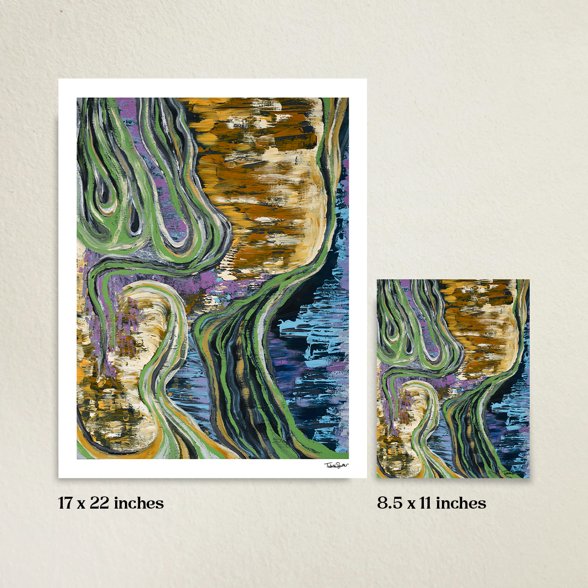 Flowing Through Earth 17 x 22 inch abstract fine art print with 8.5 x 11 inch fine art print. A beige wall is in the background. Sizes are labeled under each print. Prints are next to each other to compare the size difference.