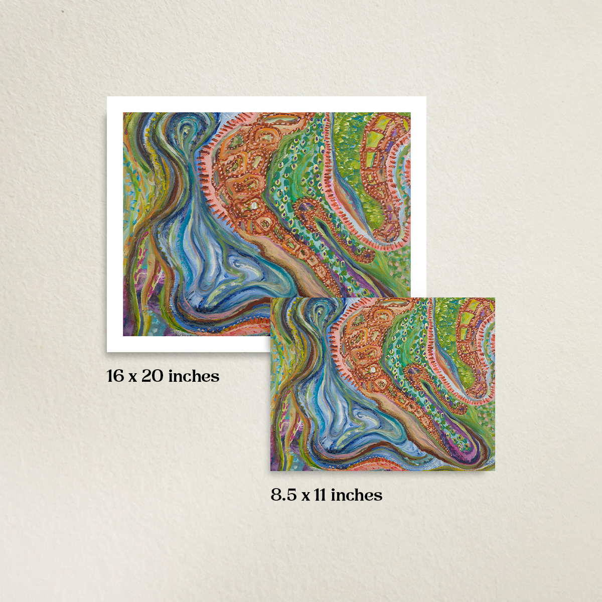 Sitting With Thoughts 16 x 20 inch fine art print with 8.5 x 11 inch fine art print. A beige wall is in the background. Sizes are labeled under each print. Limited Edition prints are next to each other to compare the size difference.