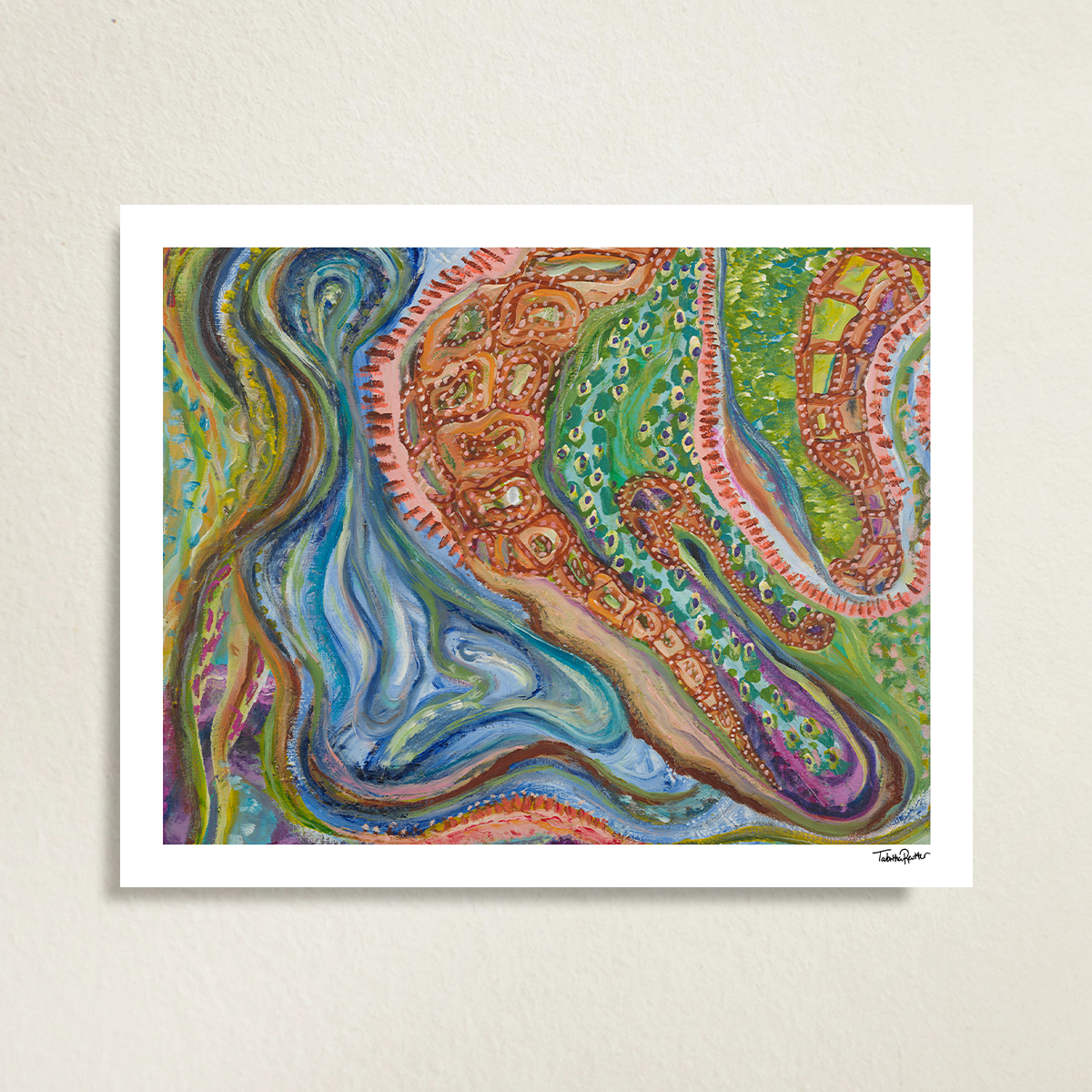 Sitting with Thoughts fine art print on gray background. The mixed media artwork is maximalist and multicolored. Blue and orange stand out among the rest of the vibrant colors. The print has a white border and is signed in the bottom right corner.