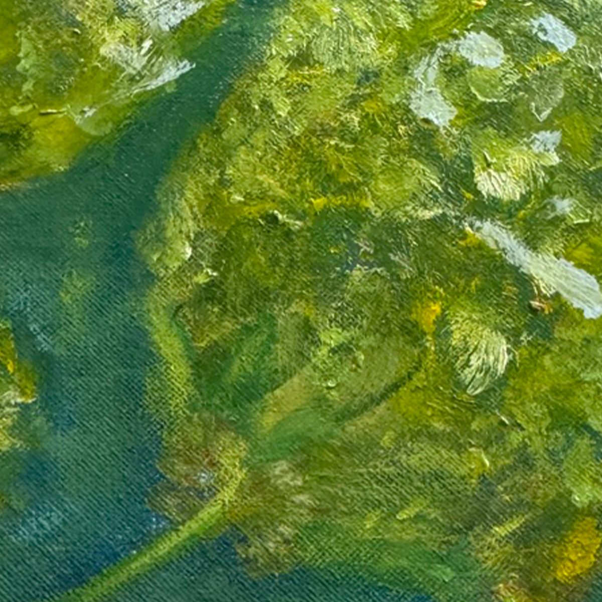 Close up shot. Abstract mixed media painting titled Togetherness, featuring two large yellow flowers with a smaller flower nestled between them. The petals appear to drift and float through the air, set against a painterly green and blue background. The 8x10 canvas artwork evokes connection and harmony with vibrant, expressive brushwork.