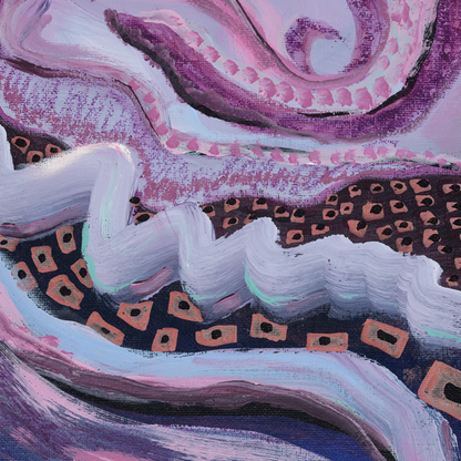 Close-up of artwork: Tangled Twist is an 11x14-inch abstract painting displayed outdoors on a sunny day. Vibrant purple and violet hues illuminated by natural light showcase the intricate maze-like design in a serene outdoor setting.