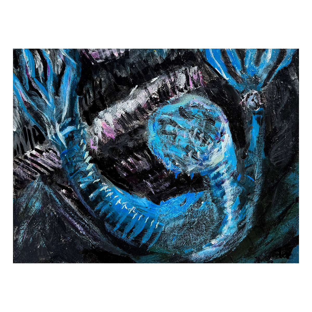 Dynamic, mixed media artwork, Clockwork Blue, features an abstract figure climbing upwards with their head down and hands reaching upwards. The figure is painted in bright cyan while the background is a muddy black and blue, creating ominous depth. The figure wears a watch on their right wrist.