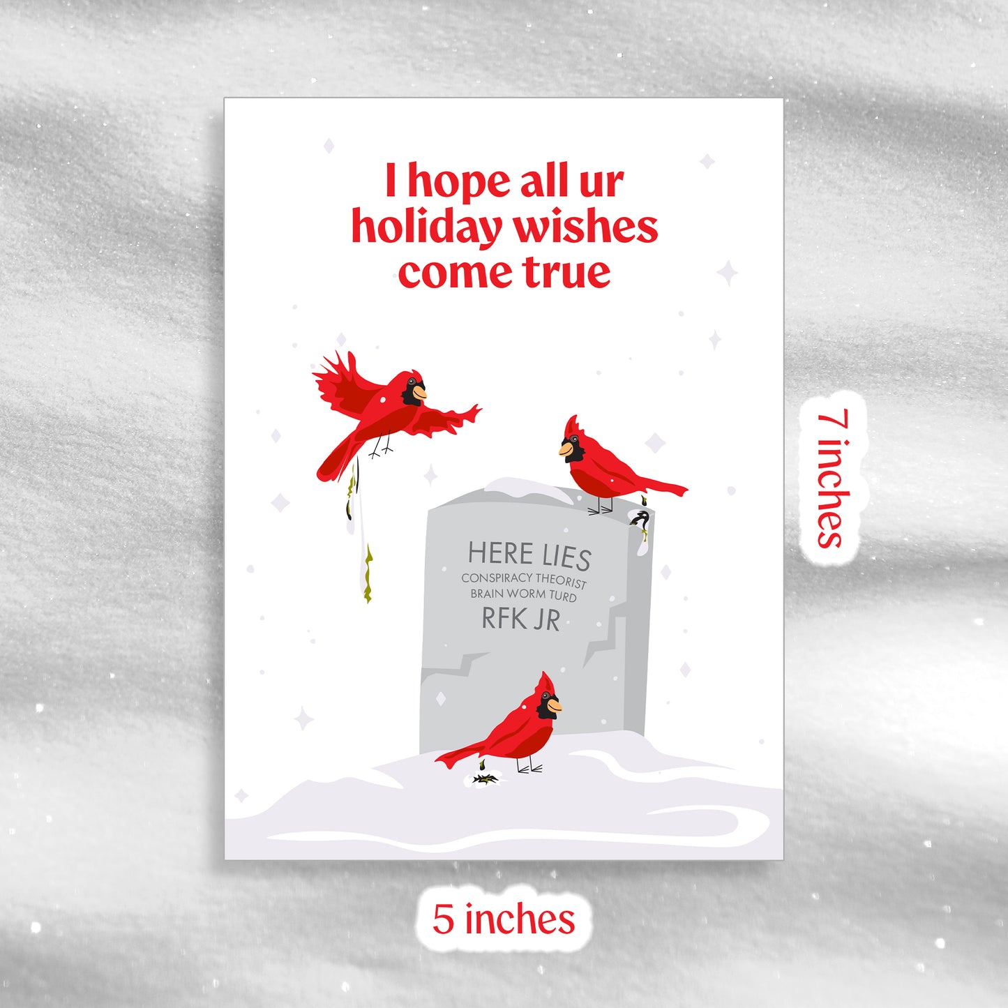 Card with red cardinals around a tombstone with humorous text on a snowy background