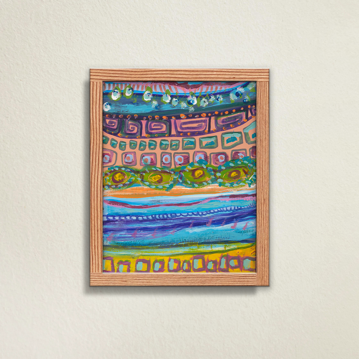 Small, colorful, abstract, fine art print, Forward and Backwards shown in a wooden frame against a beige wall. The print bleeds to the edge of the fine art paper.