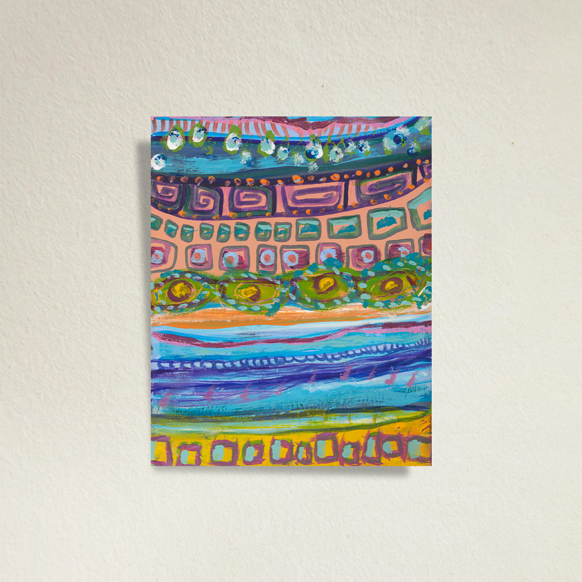 Small, colorful, abstract, fine art print, Forward and Backwards, against a beige wall. The print bleeds to the edge of the fine art paper.