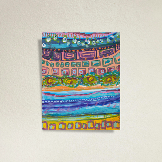 Small, colorful, abstract, fine art print, Forward and Backwards, against a beige wall. The print bleeds to the edge of the fine art paper.