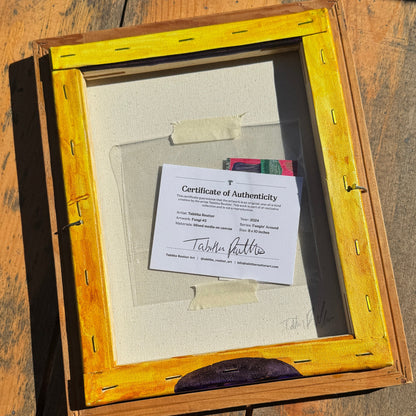 Back of canvas, shown stretched canvas on the back lying on a sunlit wooden bench. The artworks certificate of authenticity is taped to the back of the artwork.