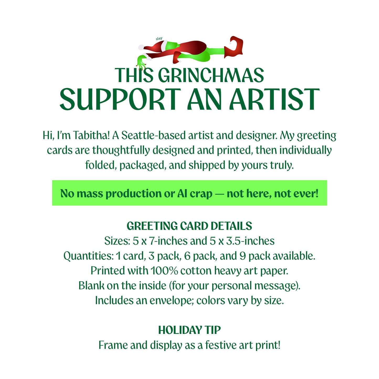 Greeting card advertisement with text and a Grinch logo on a white background