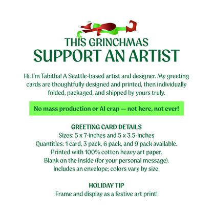 Greeting card advertisement with text and a Grinch logo on a white background