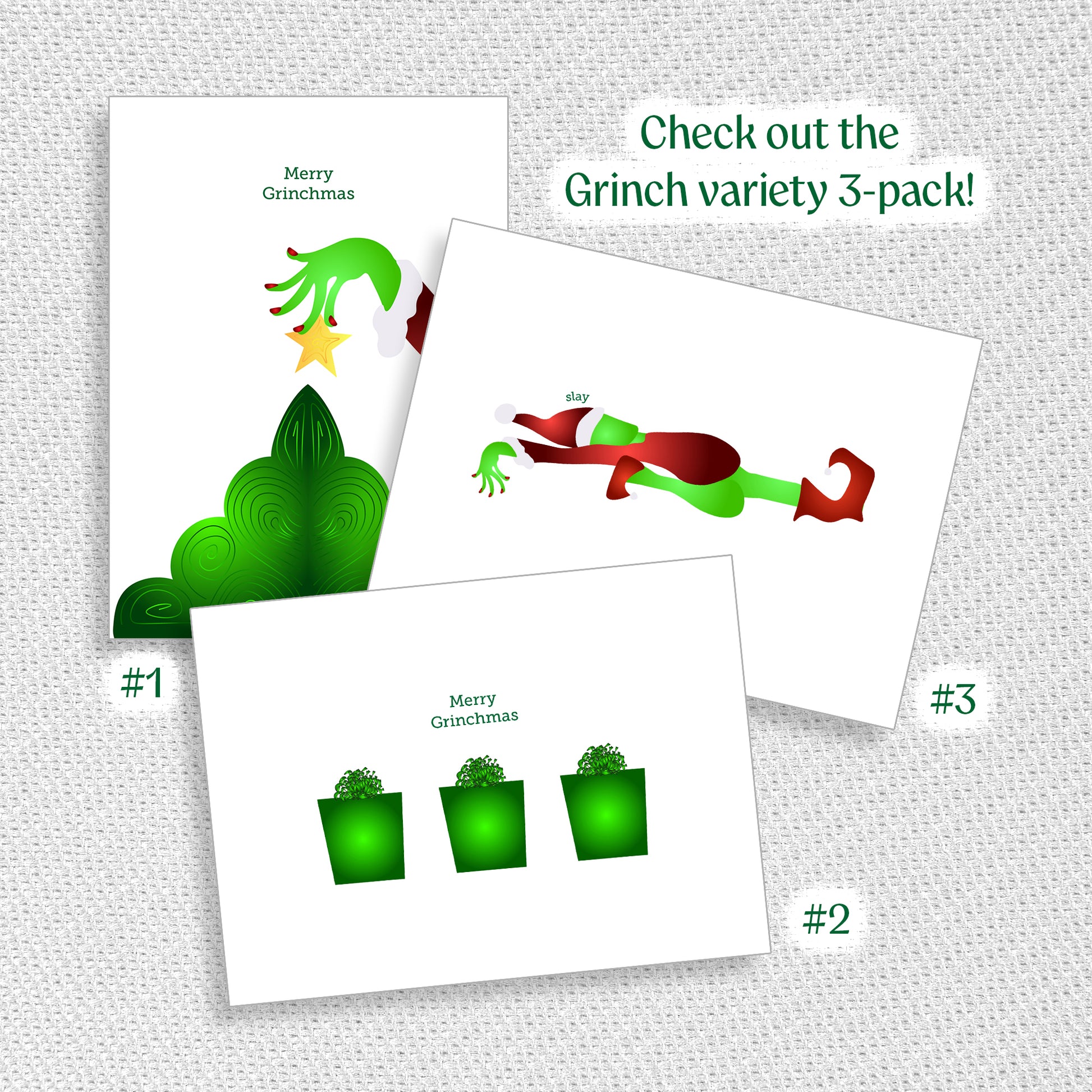 Three Grinch-themed greeting cards on a textured surface with promotional text.