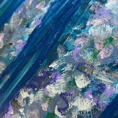 An abstract painting titled Lavender Language, featuring two lavender-hued flowers with a dark blue background. The composition includes expressive vertical stripes, blending soft lavender tones with the depth of the dark blue for a dreamy, modern aesthetic. Close detail shot. 