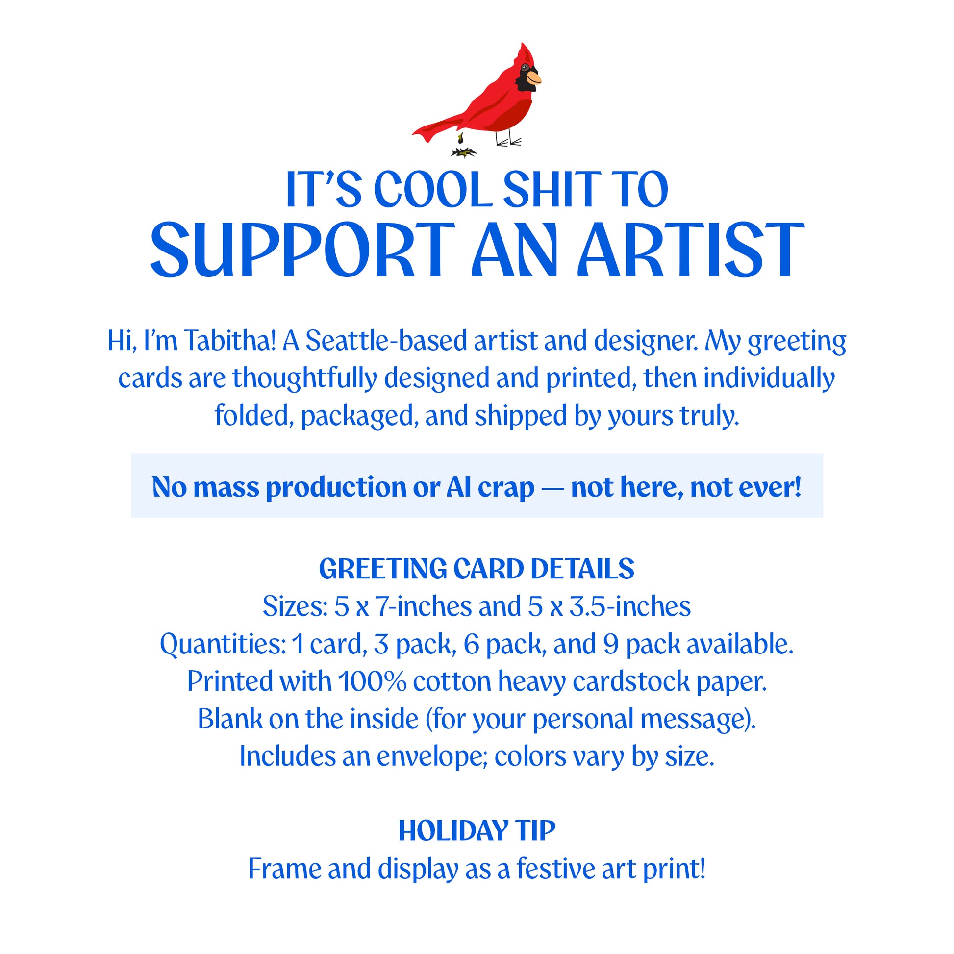 Greeting card advertisement with text and a red bird illustration on a white background
