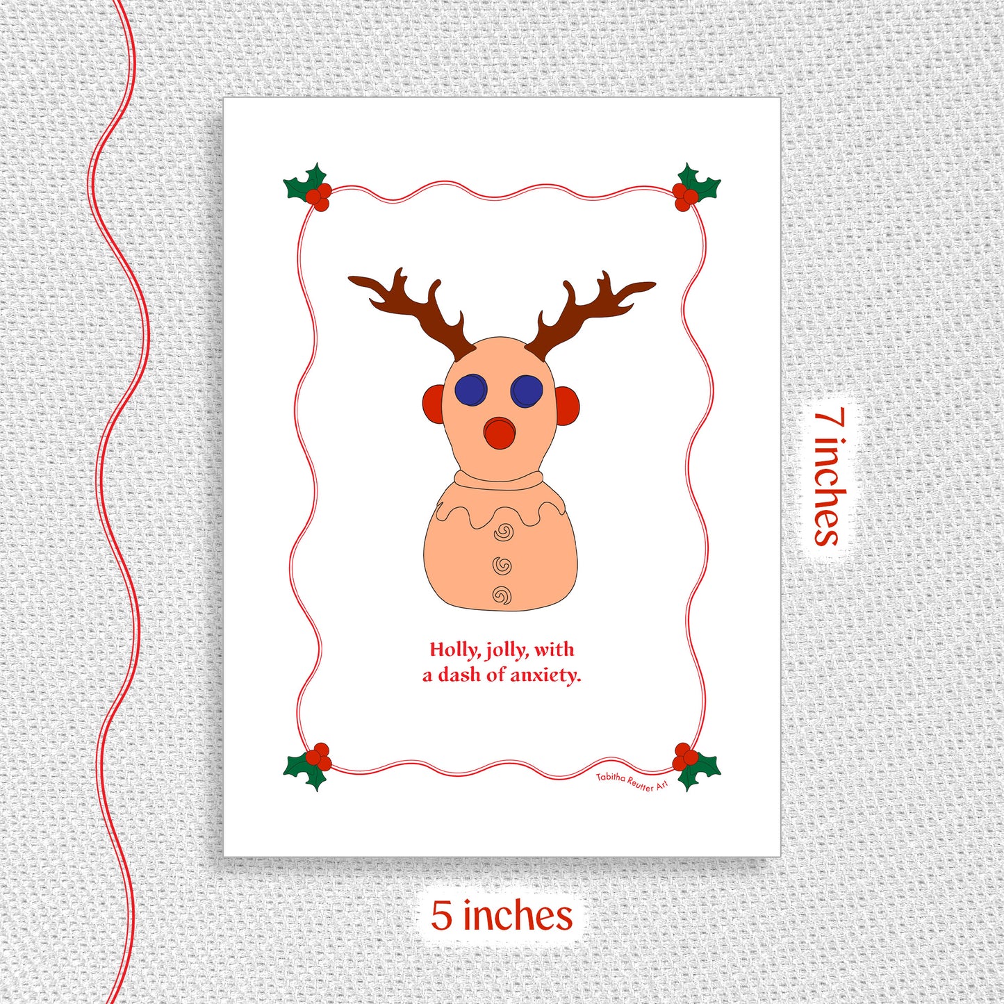 ADHD Holiday card Christmas card featuring a clever illustration of the neurodivergent toy wearing festive reindeer antlers. The image has a gray background with red text that shows the length and width of the card, 5x7 inches.