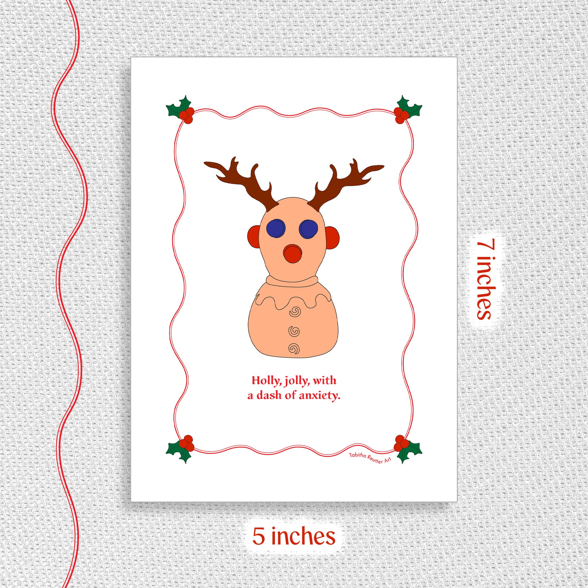 ADHD Holiday card Christmas card featuring a clever illustration of the neurodivergent toy wearing festive reindeer antlers. The image has a gray background with red text that shows the length and width of the card, 5x7 inches.