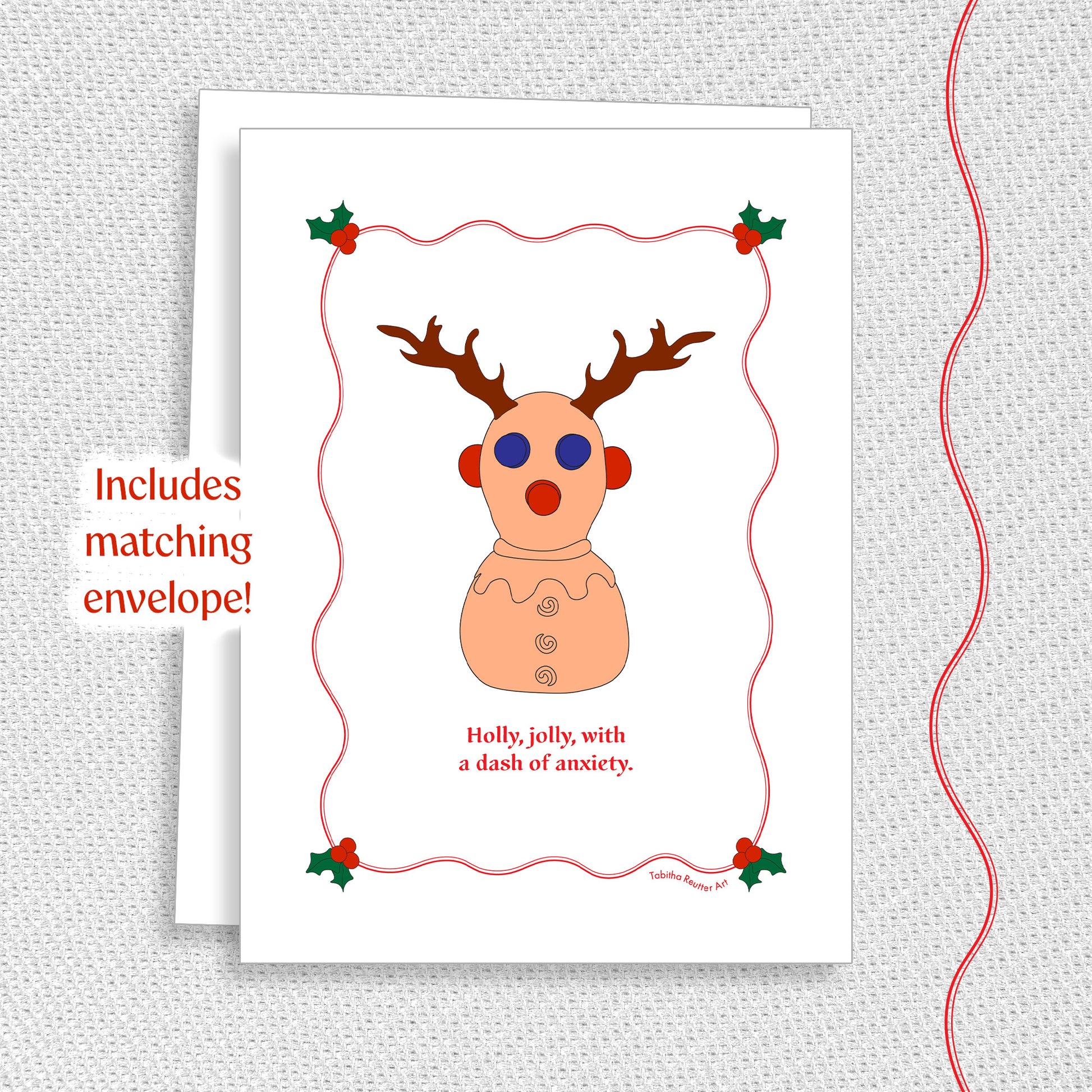 Cute holiday greeting card with a matching white envelope on a textured gray background. A graphic red wiggle line is on the right side of the image, matching the texture on the card.