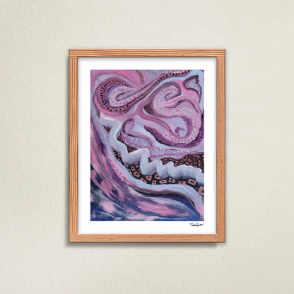Tangled Twist 11x14-inch abstract fine art print in a wood frame with a beige wall in the background. Purple and violet hues arranged in a maze-like, intricate design, symbolizing life’s tangled journey.