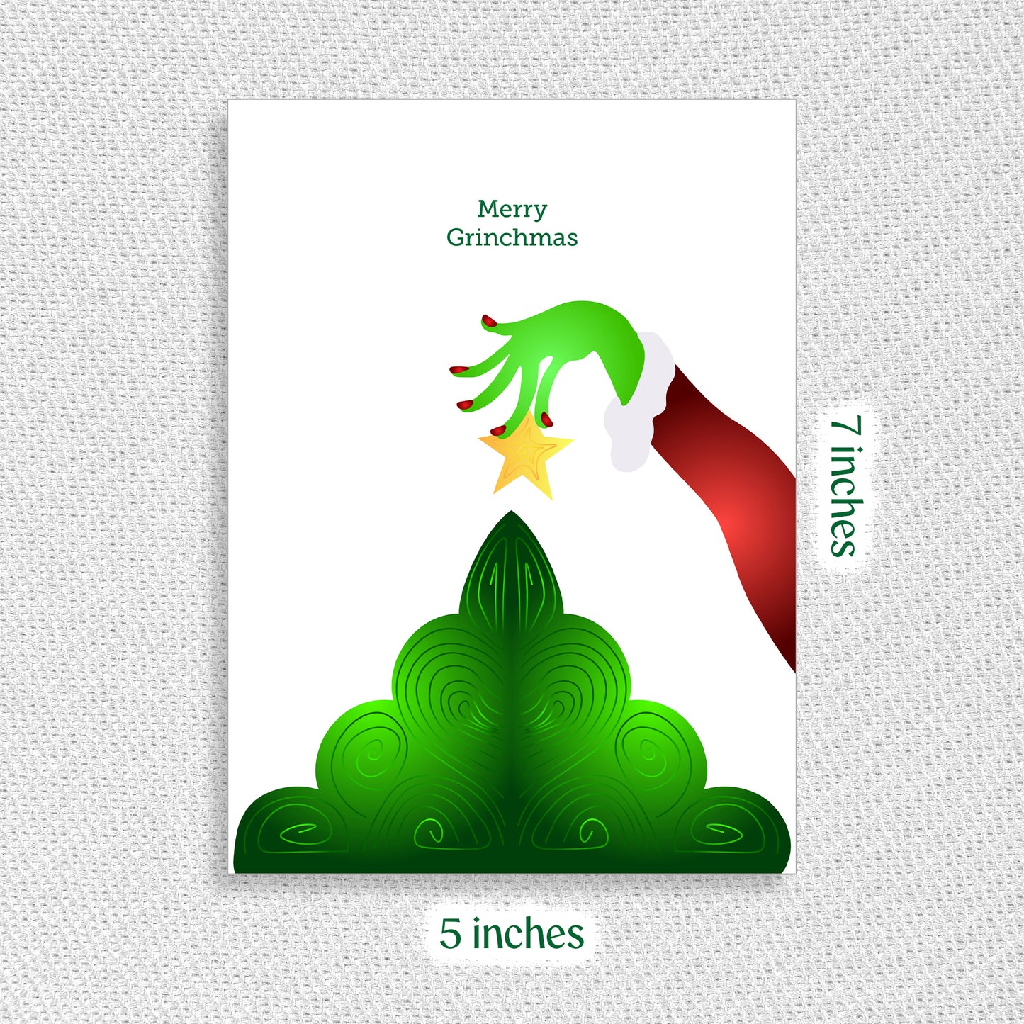 Illustration of a green Grinch hand reaching towards a star on a green tree, with text indicating dimensions and 'Merry Grinchmas' theme.