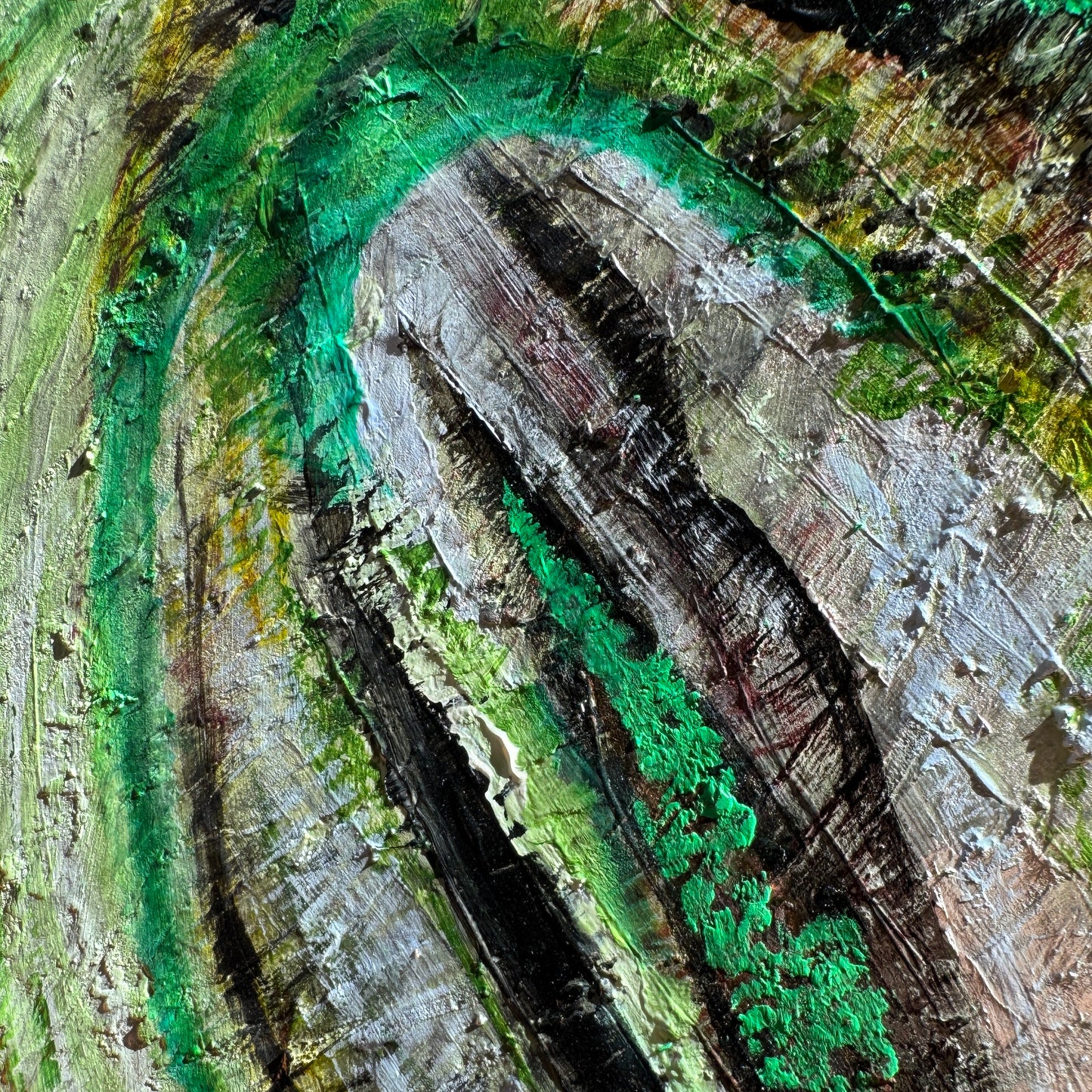 Close-up detail of abstract artwork, Somewhere Green. The artwork detail shows thick textures and dramatic color streaks.