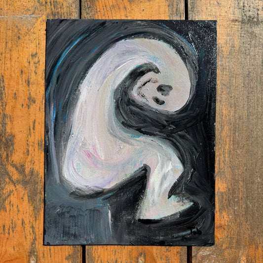 Abstract artwork, Deadlines, on a wooden table. The artwork has a loose appearance, a black background with streaks of cyan. Centered on an abstract gray chair, the white creature features a spiral neck. The artwork is creepy, featuring sunken eyes and an eerie smile.