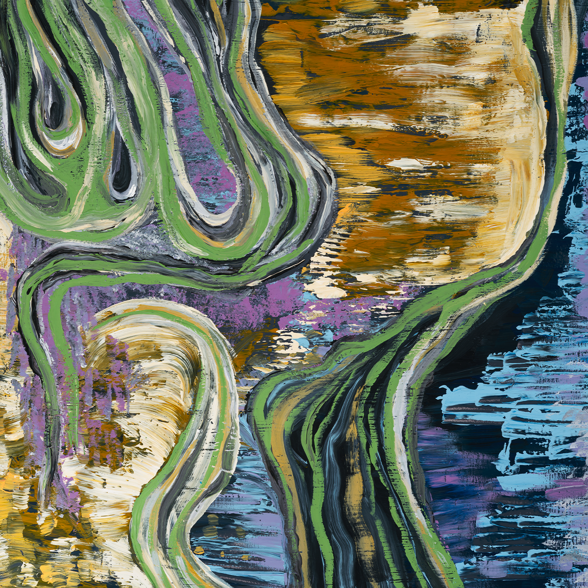 Close-up detail of abstract mixed media artwork, Flowing Through Earth, showing radiant natural colors.