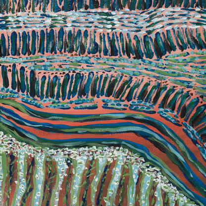 Close-up detail of Move Along Everyone, an abstract fine art multimedia piece. Streaks of peach, green, and blue collide vertically against one another in a vibrant display of hues.