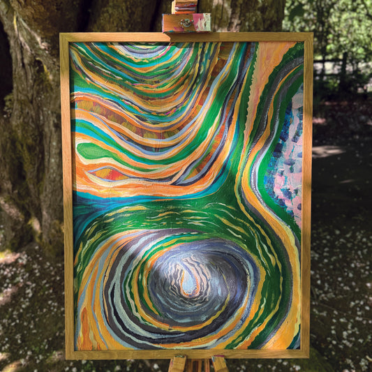 Abstract artwork, The Never-Ending Spiral, outdoors in nature on an artist’s easel. The painting is set up in a beautiful park, featuring a large tree with fallen flower petals on the ground.