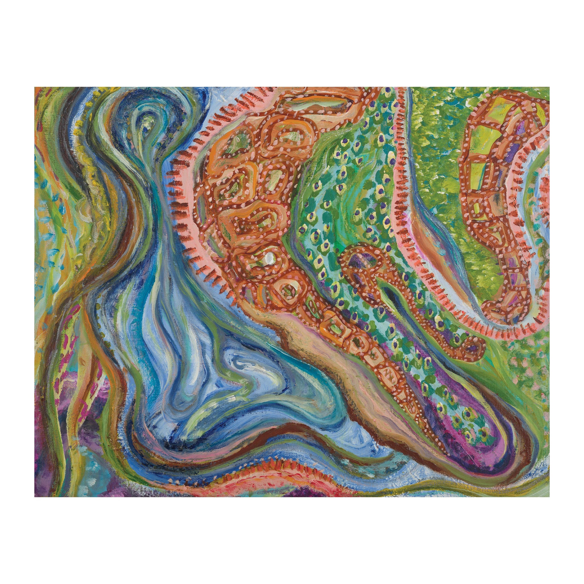 Abstract mixed media artwork, Sitting With Thoughts, on a white background. The artwork is maximalist, colorful, and dynamic.