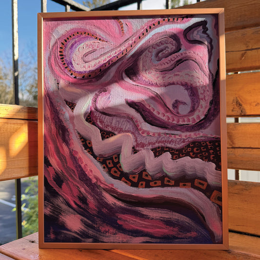 Abstract painting, A Tangled Twist, outdoors on a sunny day, with vibrant purple and violet hues illuminated by natural light, showcasing the intricate maze-like design in a serene outdoor setting.