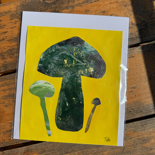 Artistic depiction of mushrooms on a yellow background, placed on a wooden surface.
