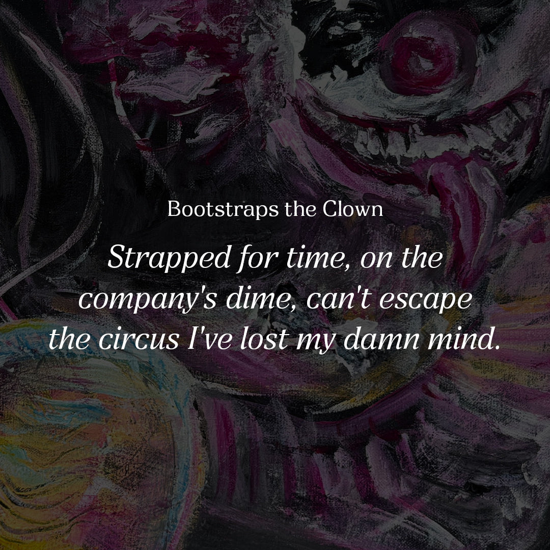 Artistic depiction of a clown with text overlay on a dark background