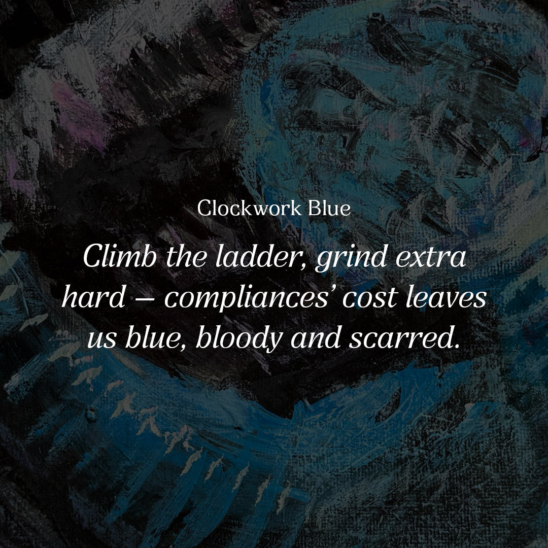 Text overlay on a dark background with a blue hue, featuring a quote by Clockwork Blue.