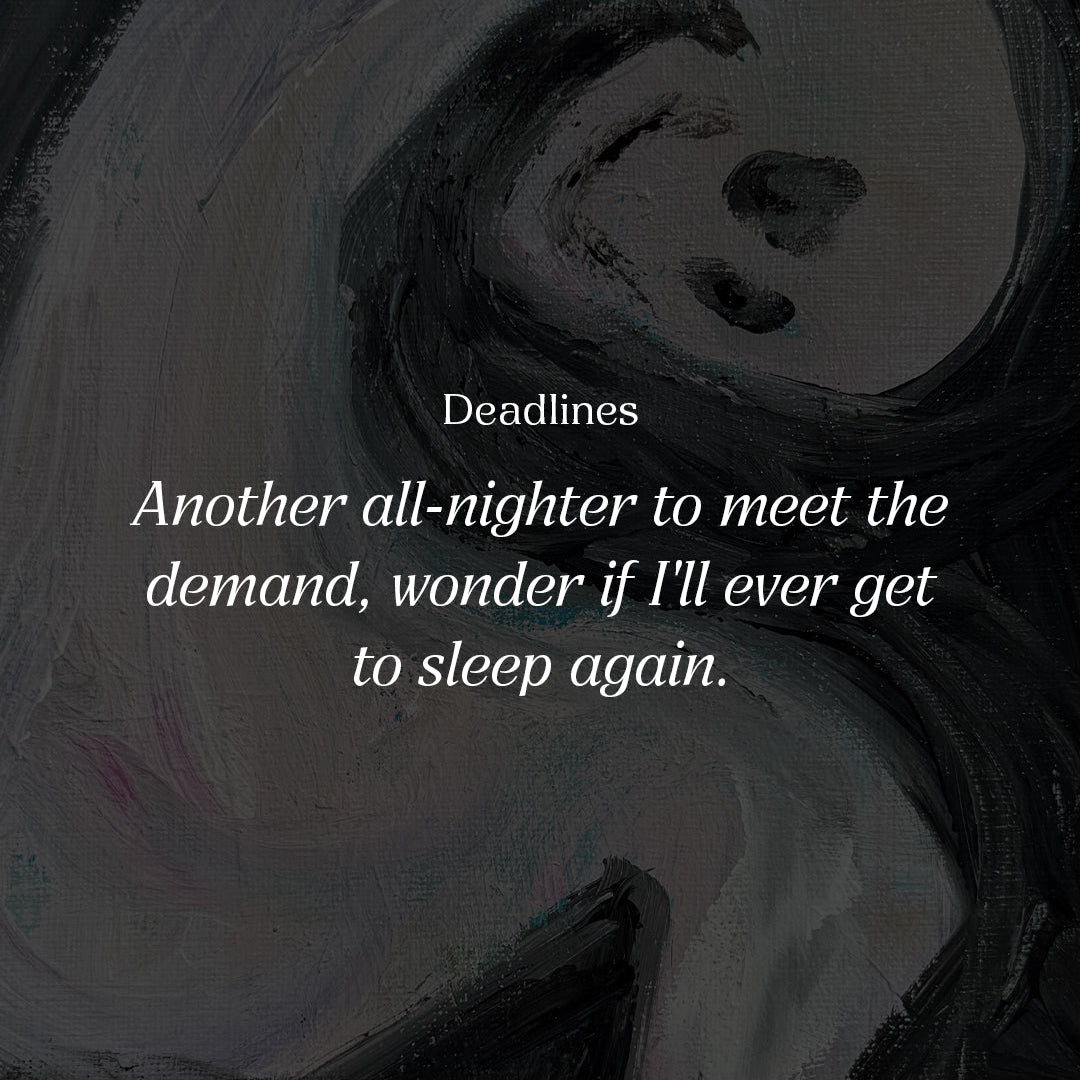 Artistic depiction of a face with swirling hair and text about deadlines on a dark background